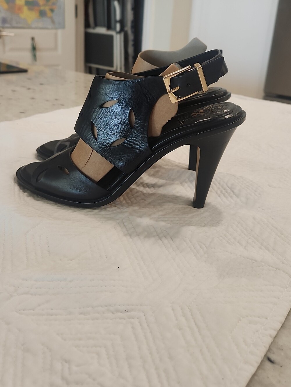 Vince Camuto Black Cutout Slingback Stiletto Heels with Gold Buckle